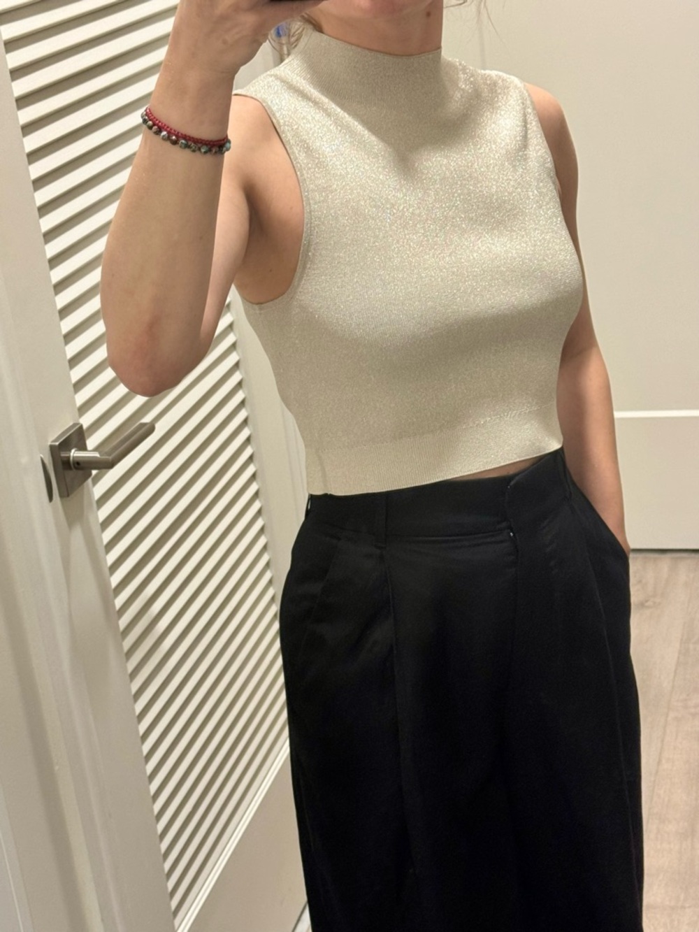 Sleeveless Shimmer Crop Top and Cardigan - Cream